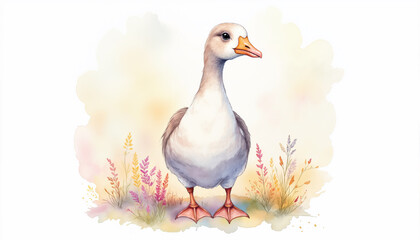 A duck is standing in a field of flowers. The duck is white and has a yellow beak. The scene is peaceful and serene