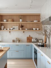 A modern kitchen with blue cabinets shelves and decorations