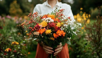 Woman Holding Colorful Wildflower Bouquet in Autumn Garden