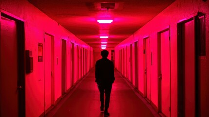 Lone figure walks down red-lit hallway at night