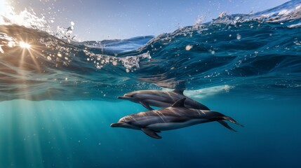 Fototapeta premium Two Beautiful Dolphins Swimming Underwater Through Sunrays with Breaking Wave Above. Split-Level, Over-Under Photo. Ocean Environmental Concept Background
