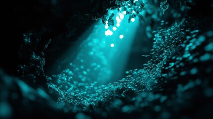 Light Beams into Dark Teal Underwater Cave