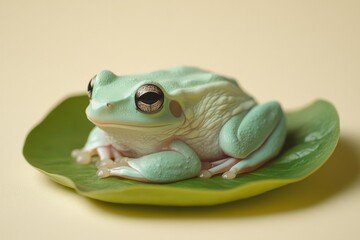 Unique blue-green frog resting on a large green leaf indoors in soft light highlighting its features