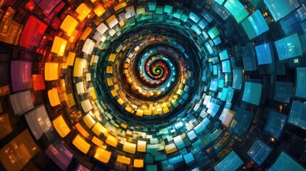 Fototapeta premium A digital grid transforming into a creative spiral, symbolizing a flow of new and innovative thoughts.