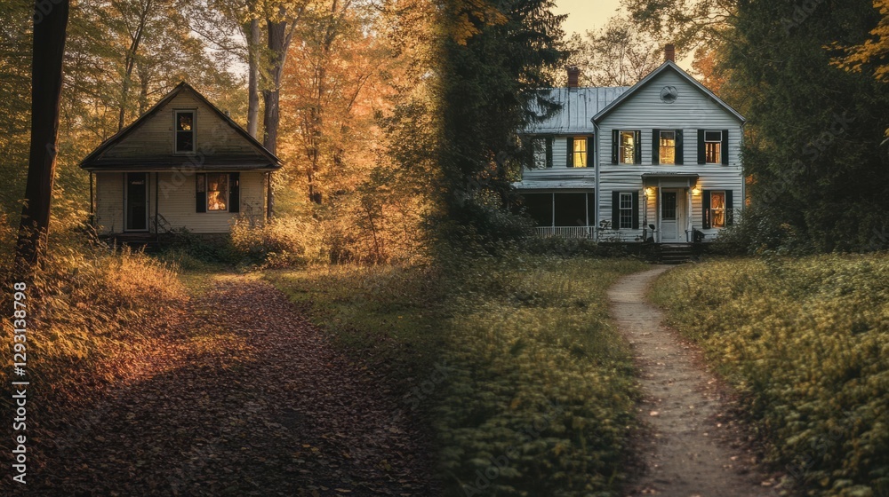 Aufkleber contrast between an abandoned house enveloped by nature and a beautifully restored cottage with warm