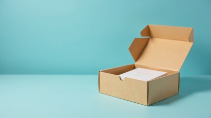 A partially opened cardboard box rests on a light blue surface, containing a blank white item; a simple scene suggesting delivery, shipping, or packaging