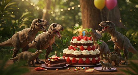 Jurassic Park Birthday Celebration: Dinosaurs Enjoying a Delicious Strawberry Cake