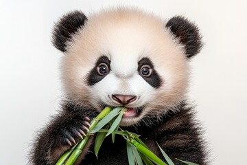 Fototapeta premium Cute panda cub munching on fresh bamboo with an adorable expression against a simple background