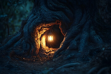 Enchanted tree hollow illuminated by a warm lantern, casting ethereal glow