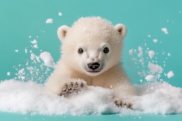 Cute polar bear cub playing in snow with a bright turquoise background showcasing its fluffy fur and playful demeanor