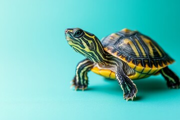 Obraz premium Colorful turtle walking on a turquoise surface in a well-lit environment showcasing its unique patterns and details