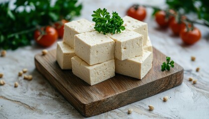 Cubed tofu on wooden board, garnished with parsley, tomatoes, and soybeans