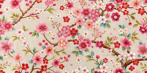 Traditional Japanese Sakura Floral Motif on Cotton Fabric , floral pattern, textile art