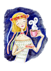 Obraz premium A girl with light hair and white skin, with a wreath of flowers on her head and ribbons, in a delicate dress, drinks a hot drink from a red mug with a saucer, with her eyes closed. On a dark blue back
