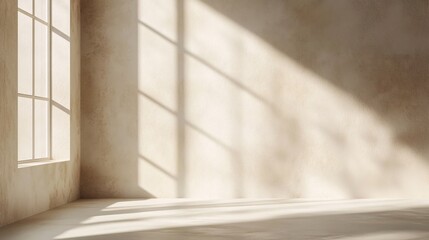Fototapeta premium A serene interior space with soft shadows cast by sunlight streaming through large windows onto a textured wall.