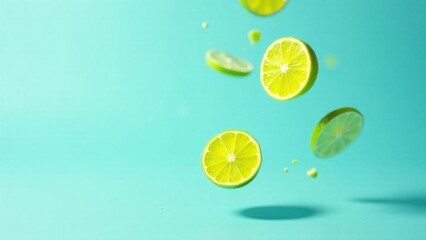 Fresh lime slices falling on light blue background 
