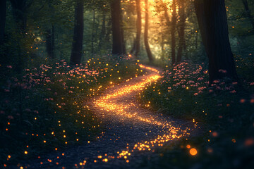 A winding path leading through an ancient forest bathed in sunlight, symbolizing peace and exploration