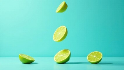Fresh lime slices falling on light blue background 