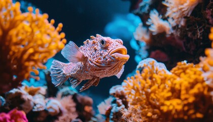 Colorful fish swims among vibrant corals in a dark blue ocean