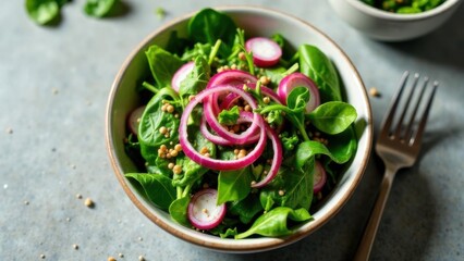 spinach salad onion tomato on a plate close-up view from above