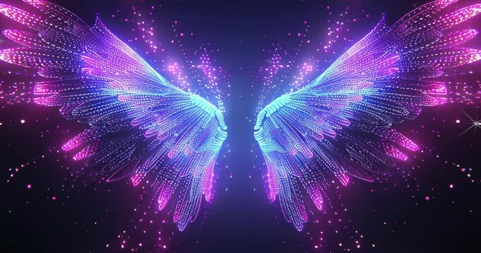 A neon light effect digital art background featuring two symmetrical wings. Abstract background. Digital technology. Abstract digital futuristic. Futuristic background
