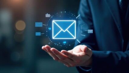 Новая концепция взаимодействия с уведомлениями по электронной почте. Пользователь, взаимодействующий с плавающим цифровым интерфейсом, отображающим символ уведомления по электронной почте