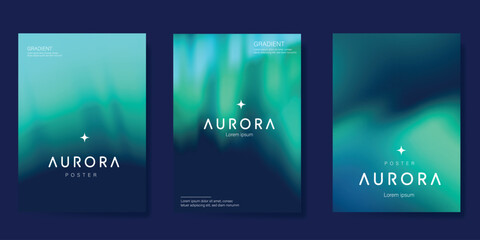 Modern gradient poster aurora design vector set. Minimalist cover template with vibrant northern light collection. Ideal design for background, social media, cover, banner, flyer, ads.