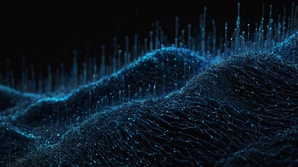 mage of horizontal lines of blue particles and undulating 3d landscape on black background. Communication technology, abstract digital interface background concept digitally generated image
