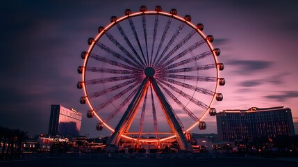 Glowing Giant Ferris Wheel Captured from Below at Dusk with Dramatic Sky and Cityscape Background
