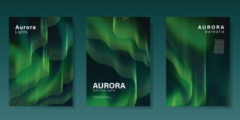 Modern gradient poster aurora design vector set. Minimalist cover template with vibrant northern light collection. Ideal design for background, social media, cover, banner, flyer, ads.