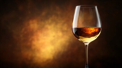 A glass of golden liquid is elegantly showcased against a blurred, warm background, emphasizing its richness and clarity.