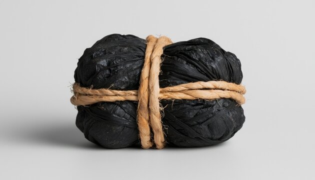 Black bundle tied with twine on a minimalist gray backdrop