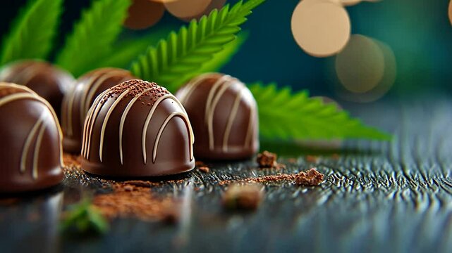 Dark chocolate truffles with cannabis leaves