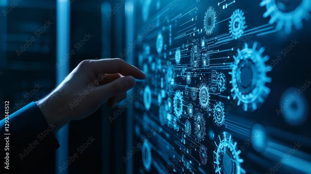 Poster Futuristic interface with hand interacting with digital data visualization