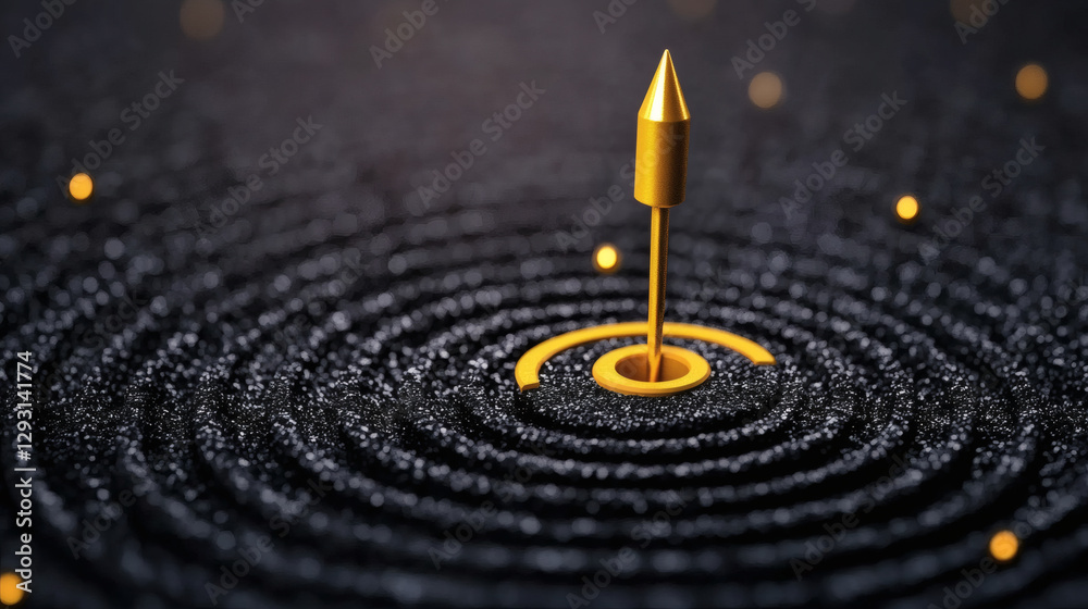 Poster Golden arrow striking a ripple effect in a dark surface