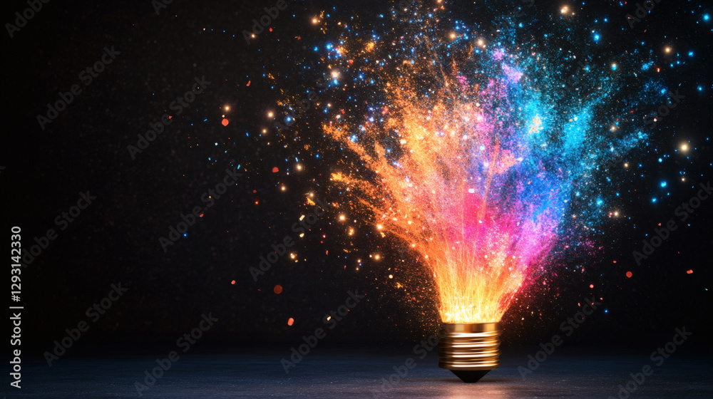 Poster creative explosion of colors emanating from a light bulb against a dark background