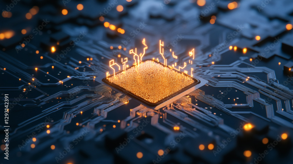 Aufkleber futuristic microchip glowing on a digital circuit board