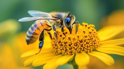 A close-up of a bee pollinating a vibrant yellow flower, showcasing the intricate details of the bee and the bloom.