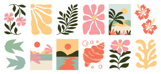 Summer botanical doodle background art vector set. Hibiscus flower, coconut tree, mountain, sea, shell. Abstract shape doodle art design for print, wallpaper, clipart, wall art for home decoration.