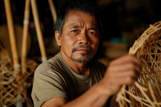 Artisan Crafting Bamboo Basket in Workshop
