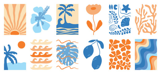 Summer botanical doodle background art vector set. Hibiscus flower, coconut tree, monstera leaf, sea. Abstract shape doodle art design for print, wallpaper, clipart, wall art for home decoration. © TWINS DESIGN STUDIO