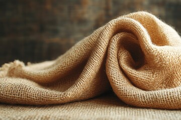 Fototapeta premium Burlap fabric draped elegantly on a rustic wooden table showcasing texture and warmth in a cozy setting