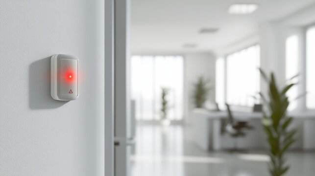 Carbon monoxide sensor in a bright office with white walls. Featuring safety and readiness