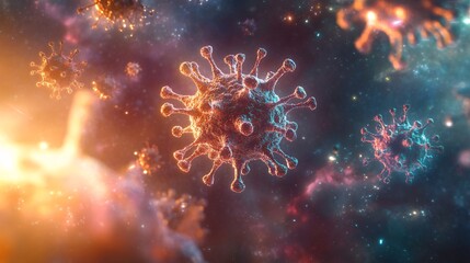 Obraz premium A vibrant, abstract depiction of virus-like structures in a colorful cosmic background, evoking a sense of microscopic exploration.