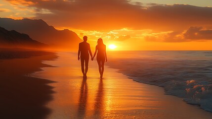 Fototapeta premium Couple holding hands, sunset beach walk, ocean waves, mountains