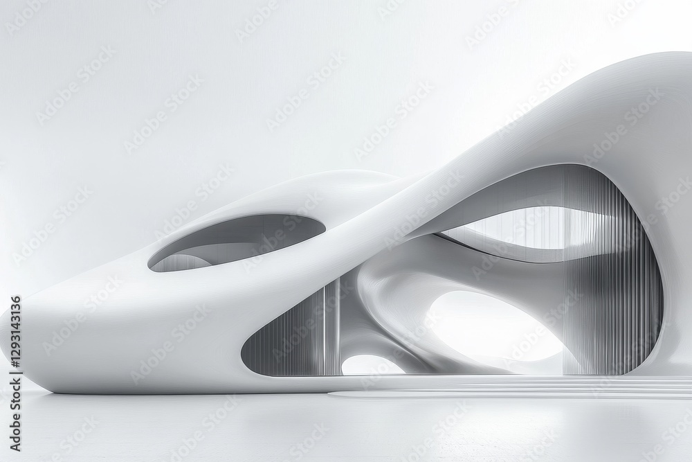 Poster modern architecture showcases fluid design elements and unique shapes in a minimalist space