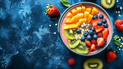 A vibrant smoothie bowl topped with fresh fruits like kiwi, strawberries, and blueberries, set against a striking blue background.