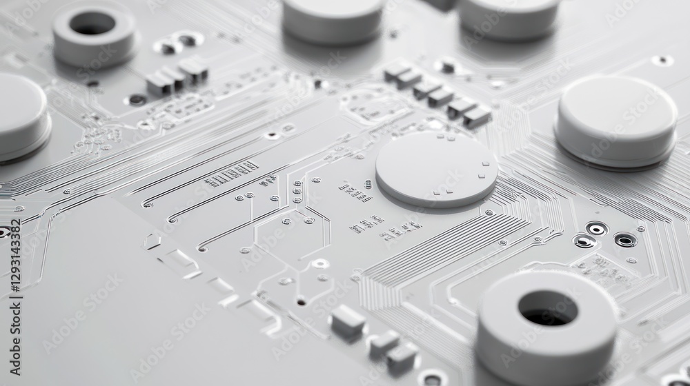 Poster close-up view of a circuit board with intricate electronic components, showing detailed traces, circ