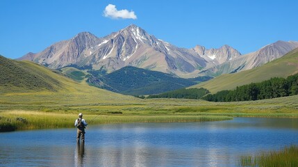 A scenic shot of a fisherman casting his line into the undisturbed waters of a mountain lake.