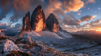 Naklejka premium Majestic Sunrise Over Tre Cime di Lavaredo Peaks in Italian Dolomites Landscape Photography